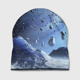 Шапка 3D с принтом Космический пейзаж с ледяными скалами в Курске, 100% полиэстер | универсальный размер, печать по всей поверхности изделия | ice | planet | rock | space | stones | камни | космос | лёд | планета | скала