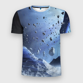Мужская футболка 3D Slim с принтом Космический пейзаж с ледяными скалами в Тюмени, 100% полиэстер с улучшенными характеристиками | приталенный силуэт, круглая горловина, широкие плечи, сужается к линии бедра | ice | planet | rock | space | stones | камни | космос | лёд | планета | скала
