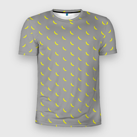 Мужская футболка 3D Slim с принтом Бананы на сером фоне в Новосибирске, 100% полиэстер с улучшенными характеристиками | приталенный силуэт, круглая горловина, широкие плечи, сужается к линии бедра | банан | желтый | мелкий | паттерн | серый | узор