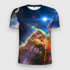 Мужская футболка 3D Slim с принтом Бесконечное космическое пространство в Санкт-Петербурге, 100% полиэстер с улучшенными характеристиками | приталенный силуэт, круглая горловина, широкие плечи, сужается к линии бедра | cosmos | neon | planet | space | star | звезда | космос | неон | планета | пространство