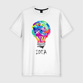 Мужская футболка хлопок Slim с принтом I have idea в Тюмени, 92% хлопок, 8% лайкра | приталенный силуэт, круглый вырез ворота, длина до линии бедра, короткий рукав | Тематика изображения на принте: idea | light bulb | multicolored | идея | лампочка | разноцветная