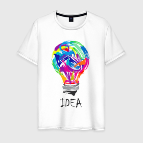 Мужская футболка хлопок с принтом I have idea в Тюмени, 100% хлопок | прямой крой, круглый вырез горловины, длина до линии бедер, слегка спущенное плечо. | Тематика изображения на принте: idea | light bulb | multicolored | идея | лампочка | разноцветная