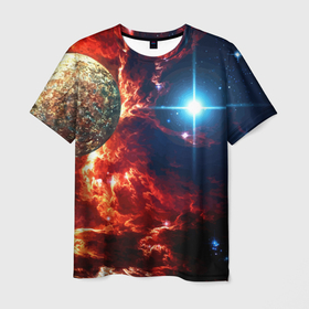 Мужская футболка 3D с принтом Яркая звезда в космическом пространстве в Новосибирске, 100% полиэфир | прямой крой, круглый вырез горловины, длина до линии бедер | Тематика изображения на принте: cosmos | neon | planet | space | star | космос | неон | облако | планета | пространство