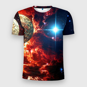 Мужская футболка 3D Slim с принтом Яркая звезда в космическом пространстве в Тюмени, 100% полиэстер с улучшенными характеристиками | приталенный силуэт, круглая горловина, широкие плечи, сужается к линии бедра | cosmos | neon | planet | space | star | космос | неон | облако | планета | пространство