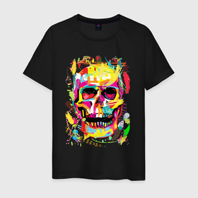 Мужская футболка хлопок с принтом Красочный стилизованный череп в Екатеринбурге, 100% хлопок | прямой крой, круглый вырез горловины, длина до линии бедер, слегка спущенное плечо. | color | jaw | pop art | skull | teeth | зубы | пасть | поп арт | цвет | череп