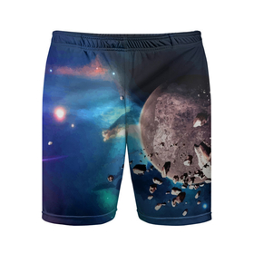 Мужские шорты спортивные с принтом Космическое столкновение объектов ,  |  | cosmos | neon | planet | space | star | звезда | космос | неон | планета | пространство