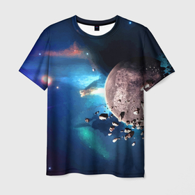 Мужская футболка 3D с принтом Космическое столкновение объектов в Екатеринбурге, 100% полиэфир | прямой крой, круглый вырез горловины, длина до линии бедер | cosmos | neon | planet | space | star | звезда | космос | неон | планета | пространство
