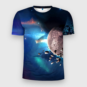Мужская футболка 3D Slim с принтом Космическое столкновение объектов в Санкт-Петербурге, 100% полиэстер с улучшенными характеристиками | приталенный силуэт, круглая горловина, широкие плечи, сужается к линии бедра | cosmos | neon | planet | space | star | звезда | космос | неон | планета | пространство