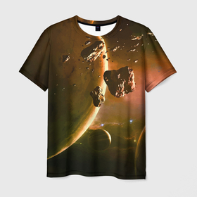 Мужская футболка 3D с принтом Две планеты в космическом пространстве в Екатеринбурге, 100% полиэфир | прямой крой, круглый вырез горловины, длина до линии бедер | cosmos | meteorite | planet | space | звезда | космос | метеорит | планета | пространство