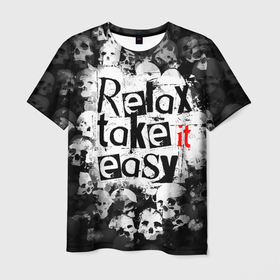 Мужская футболка 3D с принтом Relax Take it easy  надпись с черепами в Екатеринбурге, 100% полиэфир | прямой крой, круглый вырез горловины, длина до линии бедер | skull | графити | надпись | релакс | с надписью | с тектом | текст | череп | черепа