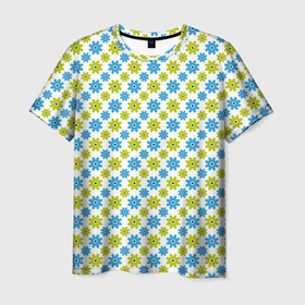 Мужская футболка 3D с принтом Зеленые и синие цветочки в Петрозаводске, 100% полиэфир | прямой крой, круглый вырез горловины, длина до линии бедер | Тематика изображения на принте: абстрактные | геометрия | классика | классические | нейтральные | спокойные | узор | узоры