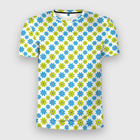 Мужская футболка 3D Slim с принтом Зеленые и синие цветочки в Новосибирске, 100% полиэстер с улучшенными характеристиками | приталенный силуэт, круглая горловина, широкие плечи, сужается к линии бедра | абстрактные | геометрия | классика | классические | нейтральные | спокойные | узор | узоры