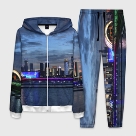 Мужской костюм 3D с принтом Неоновый город, река и небо   Синий , 100% полиэстер | Манжеты и пояс оформлены тканевой резинкой, двухслойный капюшон со шнурком для регулировки, карманы спереди | abstraction | art | artwork | city | colorful | colors | graphics | neon | patterns | river | sky | street | surrealism | sweethuman | sweethumen | абстракция | арт | вечер | город | графика | искусство | небо | неон | ночь | разноцветный | река | сюрреал