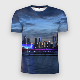 Мужская футболка 3D Slim с принтом Неоновый город, река и небо   Синий в Санкт-Петербурге, 100% полиэстер с улучшенными характеристиками | приталенный силуэт, круглая горловина, широкие плечи, сужается к линии бедра | abstraction | art | artwork | city | colorful | colors | graphics | neon | patterns | river | sky | street | surrealism | sweethuman | sweethumen | абстракция | арт | вечер | город | графика | искусство | небо | неон | ночь | разноцветный | река | сюрреал