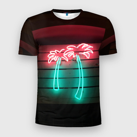 Мужская футболка 3D Slim с принтом Неоновые пальмы на доске   Зелёный в Курске, 100% полиэстер с улучшенными характеристиками | приталенный силуэт, круглая горловина, широкие плечи, сужается к линии бедра | abstraction | art | artwork | colorful | colors | dark | darkness | graphics | neon | palm trees | patterns | surrealism | sweethuman | sweethumen | абстракция | арт | графика | искусство | неон | пальмы | разноцветный | сюрреализм | темнота | тьма | узор