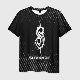 Мужская футболка 3D с принтом Slipknot с потертостями на темном фоне в Рязани, 100% полиэфир | прямой крой, круглый вырез горловины, длина до линии бедер | 
