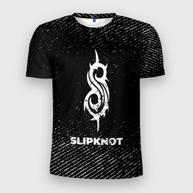 Мужская футболка 3D Slim с принтом Slipknot с потертостями на темном фоне в городе Новоалтайск, 100% полиэстер с улучшенными характеристиками | приталенный силуэт, круглая горловина, широкие плечи, сужается к линии бедра | 