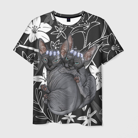 Мужская футболка 3D с принтом Милые сфинксы в Петрозаводске, 100% полиэфир | прямой крой, круглый вырез горловины, длина до линии бедер | два сфинкса | животные | милые сфинксы | рисунок | сфинксы | цветы