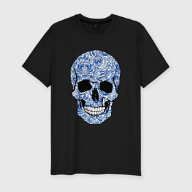 Мужская футболка хлопок Slim с принтом Skull gzhel в Кировске, 92% хлопок, 8% лайкра | приталенный силуэт, круглый вырез ворота, длина до линии бедра, короткий рукав | artmen | skull | xthtg | арт | череп