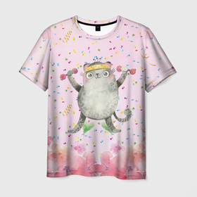 Мужская футболка 3D с принтом котик  с маленькими гантелями в Курске, 100% полиэфир | прямой крой, круглый вырез горловины, длина до линии бедер | гантели | кот | котик | кошка | спорт