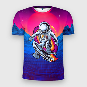 Мужская футболка 3D Slim с принтом Космонавт с  ракетой в Новосибирске, 100% полиэстер с улучшенными характеристиками | приталенный силуэт, круглая горловина, широкие плечи, сужается к линии бедра | Тематика изображения на принте: звезды | космонавт | космос | ракета | черная дыра