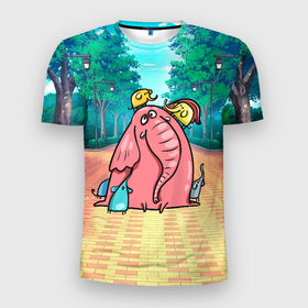 Мужская футболка 3D Slim с принтом Розовая слониха  со слонятами в Белгороде, 100% полиэстер с улучшенными характеристиками | приталенный силуэт, круглая горловина, широкие плечи, сужается к линии бедра | Тематика изображения на принте: розовый слон | слон | слониха | слоны | слонята