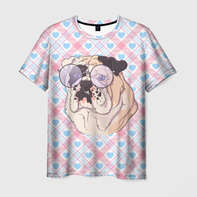 Мужская футболка 3D с принтом Морда бульдога  в круглых очках в Санкт-Петербурге, 100% полиэфир | прямой крой, круглый вырез горловины, длина до линии бедер | бульдог | круглые очки | пес | пёсик | собака