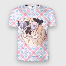 Мужская футболка 3D Slim с принтом Морда бульдога  в круглых очках в Кировске, 100% полиэстер с улучшенными характеристиками | приталенный силуэт, круглая горловина, широкие плечи, сужается к линии бедра | Тематика изображения на принте: бульдог | круглые очки | пес | пёсик | собака