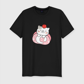 Мужская футболка хлопок Slim с принтом Кошечка с яблочком на голове , 92% хлопок, 8% лайкра | приталенный силуэт, круглый вырез ворота, длина до линии бедра, короткий рукав | кот | котенок | котик | кошечка | кошка