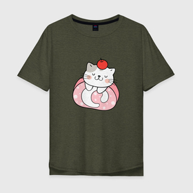Мужская футболка хлопок Oversize с принтом Кошечка с яблочком на голове в Белгороде, 100% хлопок | свободный крой, круглый ворот, “спинка” длиннее передней части | кот | котенок | котик | кошечка | кошка