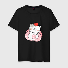 Мужская футболка хлопок с принтом Кошечка с яблочком на голове в Кировске, 100% хлопок | прямой крой, круглый вырез горловины, длина до линии бедер, слегка спущенное плечо. | кот | котенок | котик | кошечка | кошка