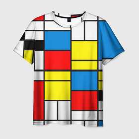 Мужская футболка 3D с принтом Texture of squares rectangles в Екатеринбурге, 100% полиэфир | прямой крой, круглый вырез горловины, длина до линии бедер | abstraction | black | lines | neoplasticism | rectangles | red | squares | white | абстракция | белый | желтый | квадраты | композиция | красный | красочный | линии | минимализм | неопластицизм | прямоугольники | ретро | синий