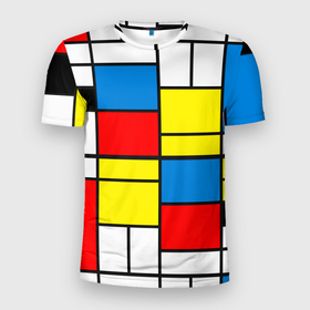 Мужская футболка 3D Slim с принтом Texture of squares rectangles в Новосибирске, 100% полиэстер с улучшенными характеристиками | приталенный силуэт, круглая горловина, широкие плечи, сужается к линии бедра | Тематика изображения на принте: abstraction | black | lines | neoplasticism | rectangles | red | squares | white | абстракция | белый | желтый | квадраты | композиция | красный | красочный | линии | минимализм | неопластицизм | прямоугольники | ретро | синий
