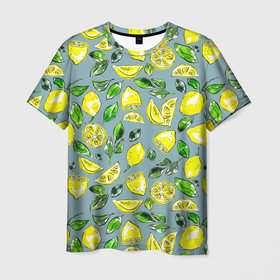 Мужская футболка 3D с принтом Порезанные лимоны   паттерн в Курске, 100% полиэфир | прямой крой, круглый вырез горловины, длина до линии бедер | Тематика изображения на принте: greensoul | lemon | lemons | yellow lemons | желтые лимоны | желтые фрукты | желтый лимон | лимон | лимоны | рисунок лимонов | фрукт | фруктовая иллюстрация