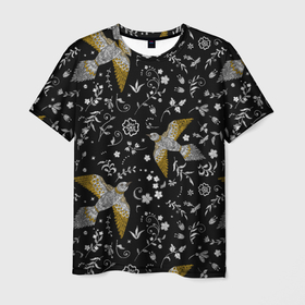 Мужская футболка 3D с принтом Птицы и цветы с эффектом вышивки , 100% полиэфир | прямой крой, круглый вырез горловины, длина до линии бедер | birds | greensoul | вышивка | птица | птицы | птичка | птички | растения | с птицами | с эффектом вышивки | цветы | эффект вышивки