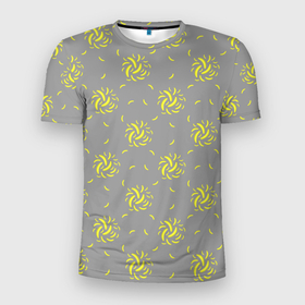 Мужская футболка 3D Slim с принтом Банановый фейерверк на сером фоне в Петрозаводске, 100% полиэстер с улучшенными характеристиками | приталенный силуэт, круглая горловина, широкие плечи, сужается к линии бедра | банан | бананы | желтое | желтый | паттерн | серый | фейерверк