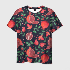 Мужская футболка 3D с принтом Красные гранаты на темном фоне в Петрозаводске, 100% полиэфир | прямой крой, круглый вырез горловины, длина до линии бедер | greensoul | pomegranate | гранат | гранаты | красные гранаты | красные фрукты | фрукт | фрукты | цветы граната