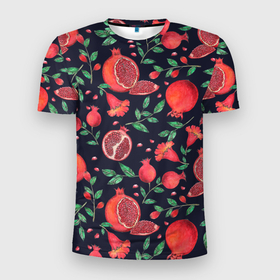 Мужская футболка 3D Slim с принтом Красные гранаты на темном фоне в Кировске, 100% полиэстер с улучшенными характеристиками | приталенный силуэт, круглая горловина, широкие плечи, сужается к линии бедра | greensoul | pomegranate | гранат | гранаты | красные гранаты | красные фрукты | фрукт | фрукты | цветы граната