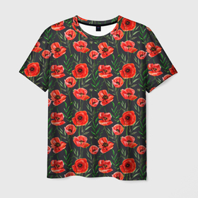 Мужская футболка 3D с принтом Красные маки на черном фоне , 100% полиэфир | прямой крой, круглый вырез горловины, длина до линии бедер | greensoul | poppies | poppy | red flowers | red poppies | красные маки | красные цветы | красный мак | мак | маки | растительный | цветочный | цветы