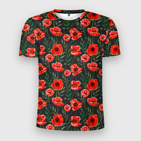 Мужская футболка 3D Slim с принтом Красные маки на черном фоне в Белгороде, 100% полиэстер с улучшенными характеристиками | приталенный силуэт, круглая горловина, широкие плечи, сужается к линии бедра | greensoul | poppies | poppy | red flowers | red poppies | красные маки | красные цветы | красный мак | мак | маки | растительный | цветочный | цветы