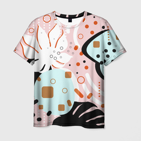 Мужская футболка 3D с принтом Абстрактные фигуры с пальмовыми листами на розовом фоне в Тюмени, 100% полиэфир | прямой крой, круглый вырез горловины, длина до линии бедер | абстрактные фигуры | абстракция | белый | вектор | векторный паттерн | геометрические фигуры | линии и точки | оранжевый | пальмовые листья | пальмовый | плательный | плоский | плоский рисунок