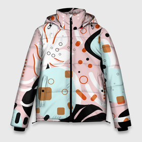 Мужская зимняя куртка 3D с принтом Абстрактные фигуры с пальмовыми листами на розовом фоне в Белгороде, верх — 100% полиэстер; подкладка — 100% полиэстер; утеплитель — 100% полиэстер | длина ниже бедра, свободный силуэт Оверсайз. Есть воротник-стойка, отстегивающийся капюшон и ветрозащитная планка. 

Боковые карманы с листочкой на кнопках и внутренний карман на молнии. | Тематика изображения на принте: абстрактные фигуры | абстракция | белый | вектор | векторный паттерн | геометрические фигуры | линии и точки | оранжевый | пальмовые листья | пальмовый | плательный | плоский | плоский рисунок