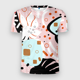 Мужская футболка 3D Slim с принтом Абстрактные фигуры с пальмовыми листами на розовом фоне в Екатеринбурге, 100% полиэстер с улучшенными характеристиками | приталенный силуэт, круглая горловина, широкие плечи, сужается к линии бедра | абстрактные фигуры | абстракция | белый | вектор | векторный паттерн | геометрические фигуры | линии и точки | оранжевый | пальмовые листья | пальмовый | плательный | плоский | плоский рисунок