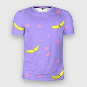 Мужская футболка 3D Slim с принтом Малыш банан в Тюмени, 100% полиэстер с улучшенными характеристиками | приталенный силуэт, круглая горловина, широкие плечи, сужается к линии бедра | банан | бананчик | дети | желтый | малыш | милаш | милое | розовый | сердечки | сердце | сиреневый