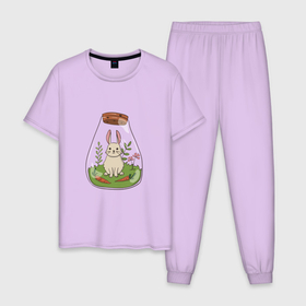 Мужская пижама хлопок с принтом The hare in the flask в Белгороде, 100% хлопок | брюки и футболка прямого кроя, без карманов, на брюках мягкая резинка на поясе и по низу штанин
 | animal | flower | greenery | rabbit | детская картинка | животное | зелень | колба | кролик | цветок