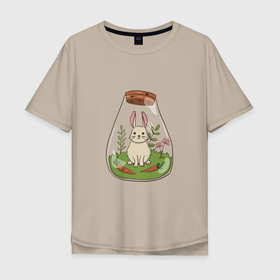 Мужская футболка хлопок Oversize с принтом The hare in the flask в Белгороде, 100% хлопок | свободный крой, круглый ворот, “спинка” длиннее передней части | Тематика изображения на принте: animal | flower | greenery | rabbit | детская картинка | животное | зелень | колба | кролик | цветок