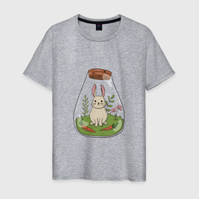 Мужская футболка хлопок с принтом The hare in the flask в Кировске, 100% хлопок | прямой крой, круглый вырез горловины, длина до линии бедер, слегка спущенное плечо. | animal | flower | greenery | rabbit | детская картинка | животное | зелень | колба | кролик | цветок