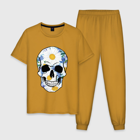 Мужская пижама хлопок с принтом Ромашковый череп в Курске, 100% хлопок | брюки и футболка прямого кроя, без карманов, на брюках мягкая резинка на поясе и по низу штанин
 | art men | skull | xthtg | арт | череп