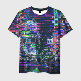 Мужская футболка 3D с принтом Ночной город   glitch в Екатеринбурге, 100% полиэфир | прямой крой, круглый вырез горловины, длина до линии бедер | advertisement | city | glitch | lights | megapolis | night | глитч | город | мегаполис | ночь | огни