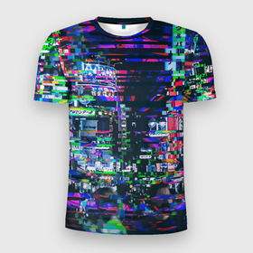Мужская футболка 3D Slim с принтом Ночной город   glitch в Курске, 100% полиэстер с улучшенными характеристиками | приталенный силуэт, круглая горловина, широкие плечи, сужается к линии бедра | advertisement | city | glitch | lights | megapolis | night | глитч | город | мегаполис | ночь | огни